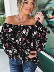 Off Shoulder Floral Print Blouse Women's Plus Semi Sheer B