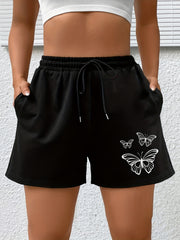 Sports Shorts Women's Plus Butterfly Print Elastic Drawstring H...