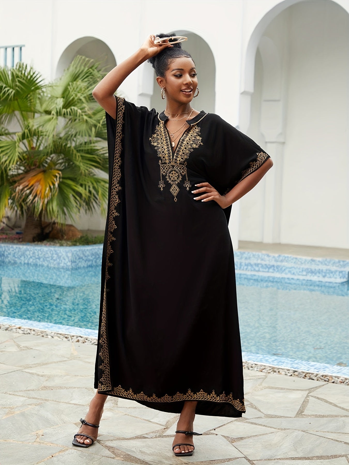 Boho Kaftan Dress Women's Plus Golden Embroidered Bat Sleeve