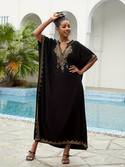 Boho Kaftan Dress Women's Plus Golden Embroidered Bat Sleeve
