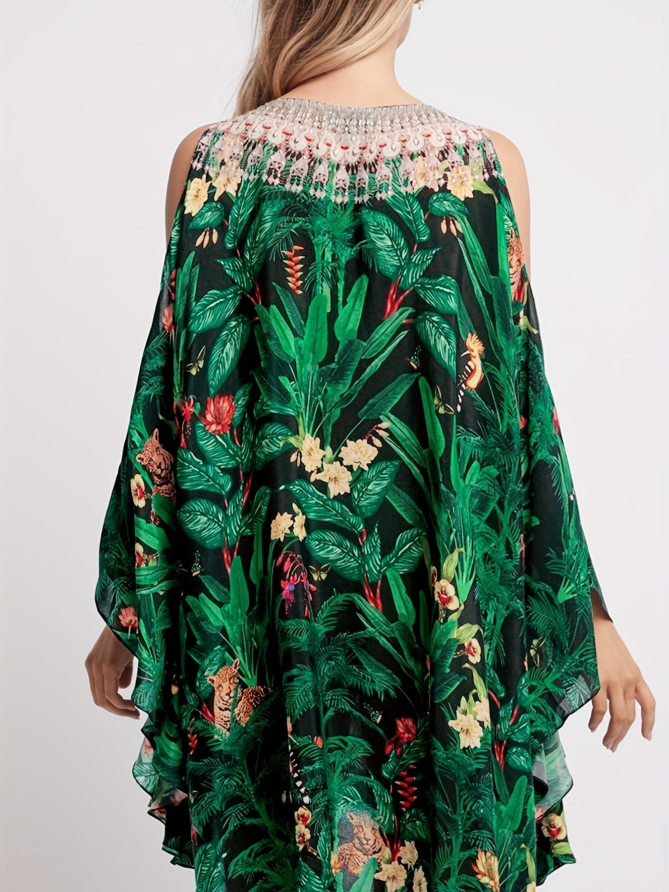 Tropical Leaf Print Cold Shoulder Cover Up Kaftan Batwing Sleeve Beach Kimono