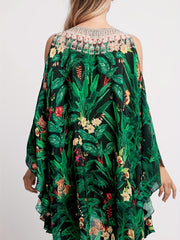 Tropical Leaf Print Cold Shoulder Cover Up Kaftan Batwing Sleeve Beach Kimono