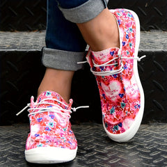 Pink Love Heart Pattern Flat Sports Sneakers Lightweight Comfortable Shoes
