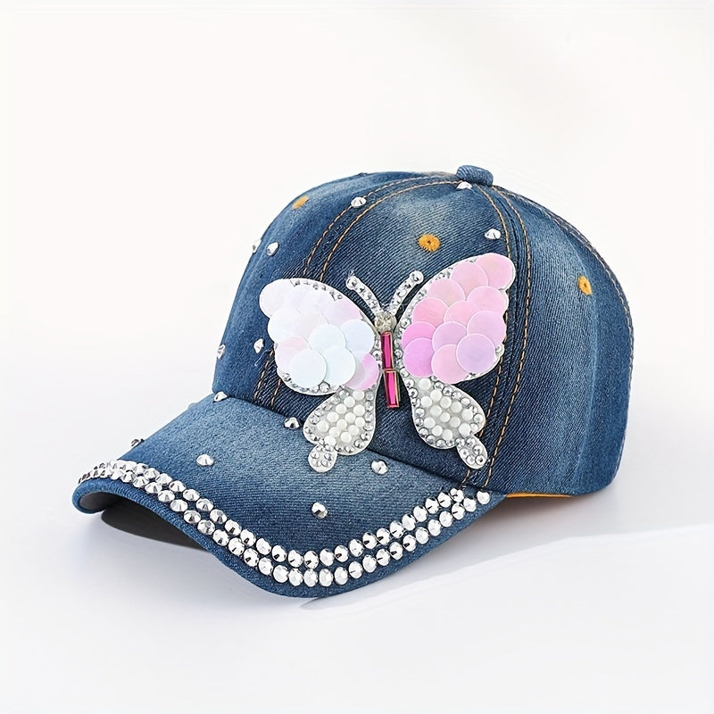 Sequin Butterfly Baseball Cap Rhinestone Denim Sports Hat Women's Dad Hats