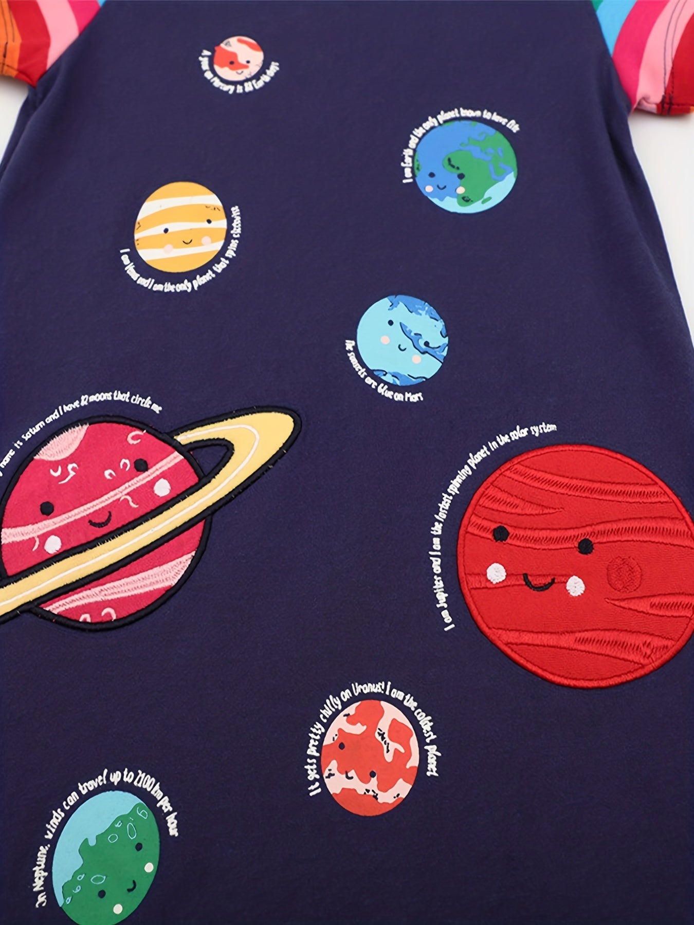 Toddler Girls Rainbow Stripes Dress with Cartoon Space Planet Embroidery