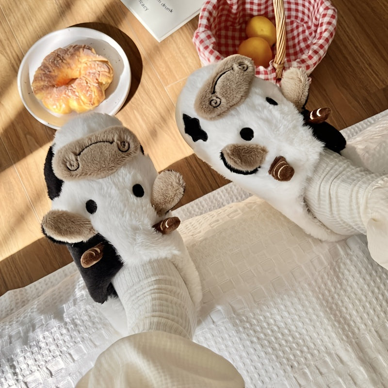 Women's Cartoon Cow Slippers Plush Fuzzy Indoor Slides