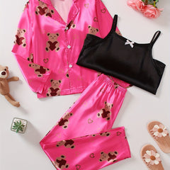Kid's Satin Pajamas Cami Top & Button Front Top & Pants Set Bear Print PJ Set