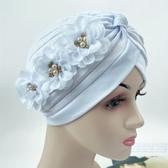 Pleated Turban Cap Faux Pearl Flower Decor Head Wrap Elastic Beanie