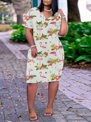Women's Plus Flamingo & Floral Print Short Sleeve V Neck High Stretch Dress