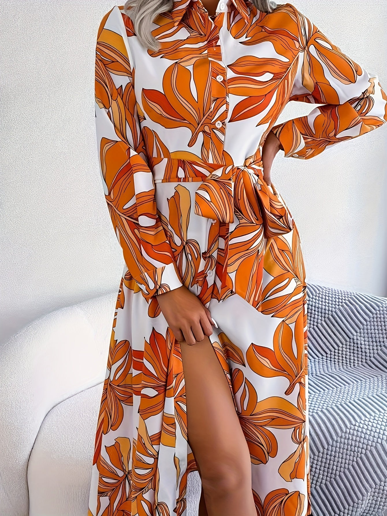 Women's Plus Leaf Print Long Sleeve Collar Shirt Dress