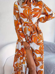Women's Plus Leaf Print Long Sleeve Collar Shirt Dress