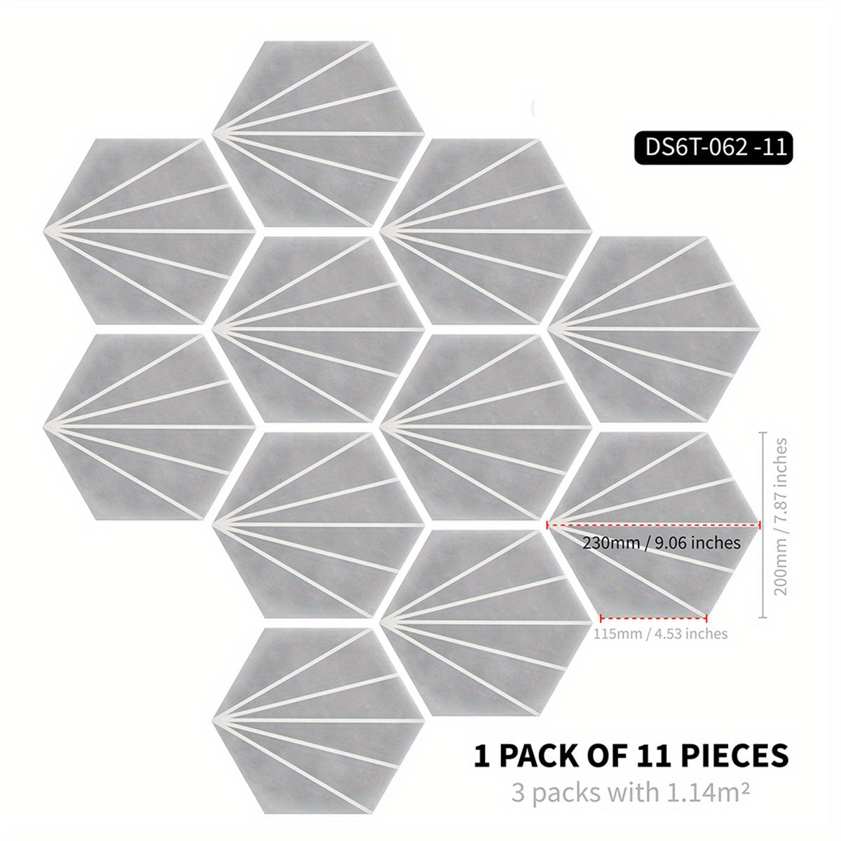 11pcs Geometric Line Art Hexagon Floor Stickers Ethnic Vintage Marble Pattern