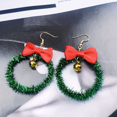 Christmas Wreath Dangle Earrings Sparkle Green Ribbon Red Bow Festive Jewelry