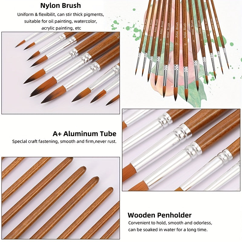 12 Paint Brushes Set Professional Round Pointed Tip Nylon Hair Acrylic Brush