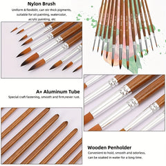 12 Paint Brushes Set Professional Round Pointed Tip Nylon Hair Acrylic Brush