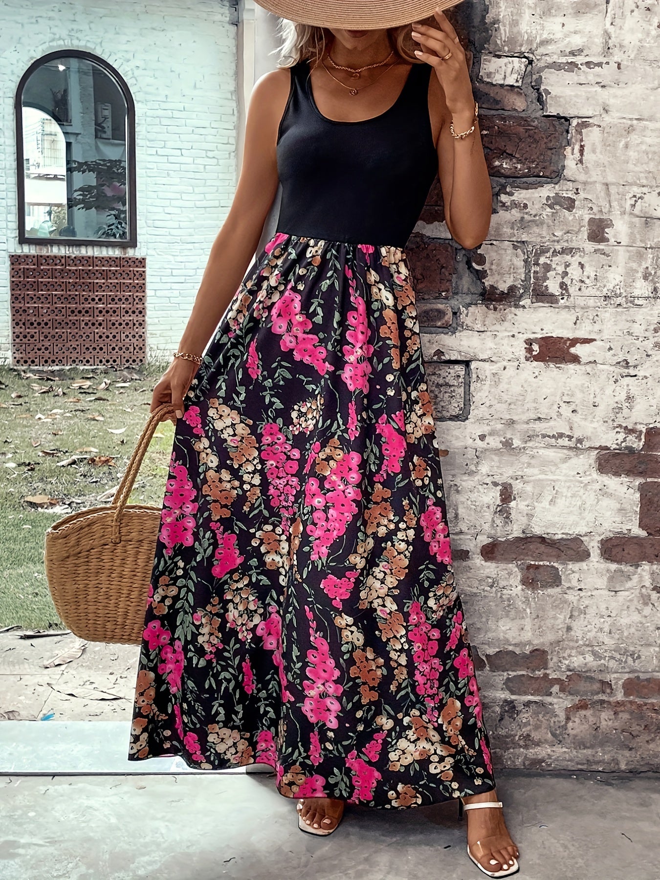 Floral Print Splicing Tank Dress Sleeveless Maxi Dress Women's Clothing