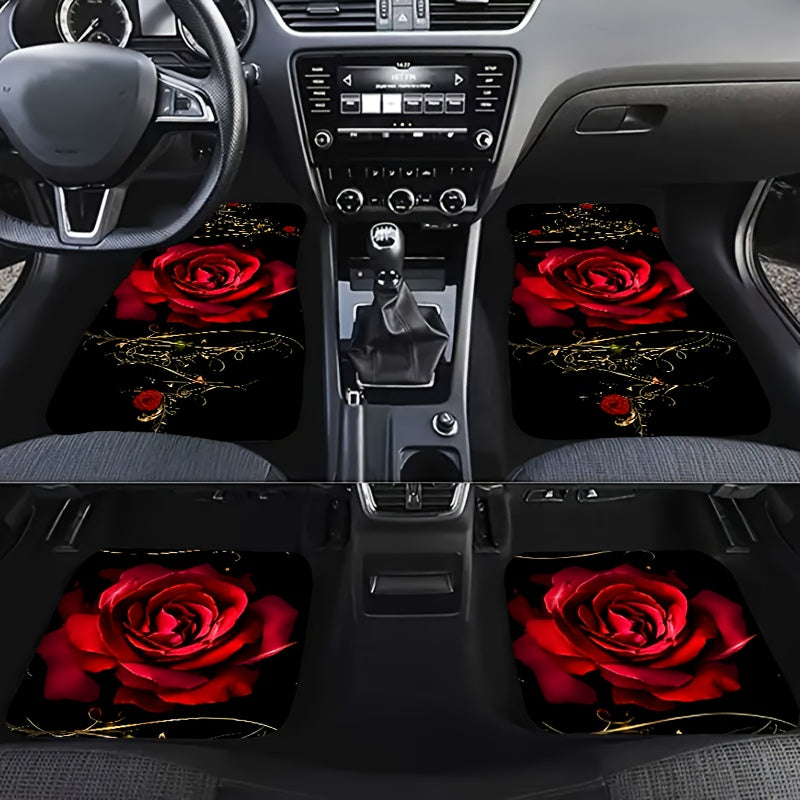 Red Rose Pattern Car Floor Mats - Set of 4