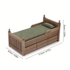 1:12 Scale Dollhouse Bed with Storage Drawer Vintage Natural Wood Construction