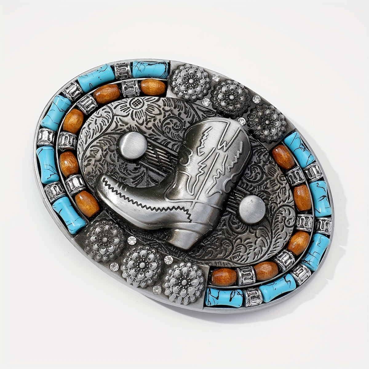 Boho Turquoise Beads Inlaid Belt Buckle Cowboy Boots Pattern Engraved Vintage