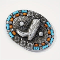 Boho Turquoise Beads Inlaid Belt Buckle Cowboy Boots Pattern Engraved Vintage