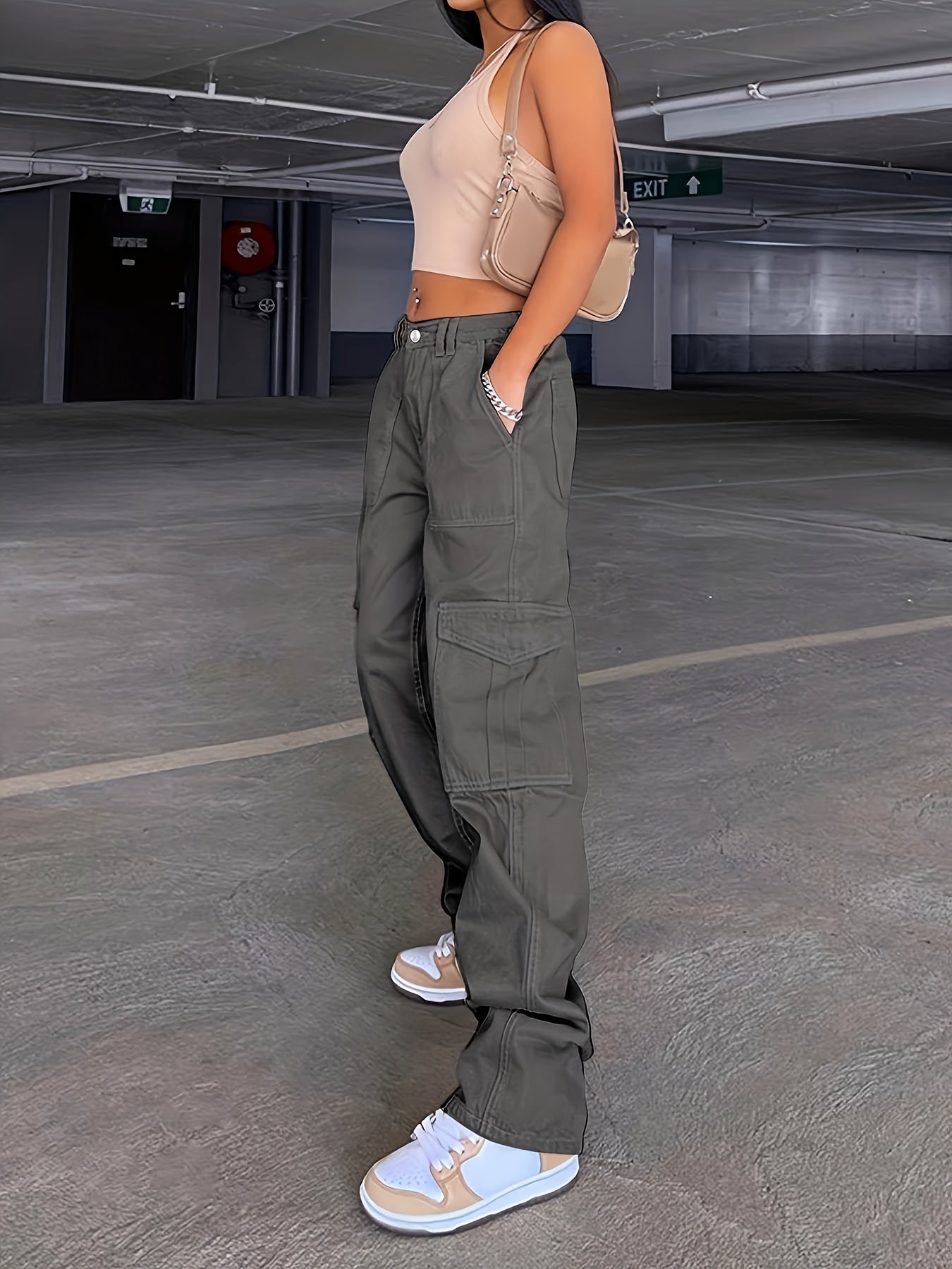 Vintage High Waist Cargo Pants Wide Legs Flap Pockets