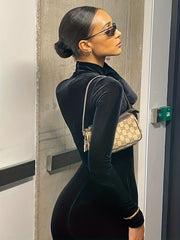 Solid Mock Neck Sports Jumpsuit Long Sleeve Bodycon Yoga Activewear