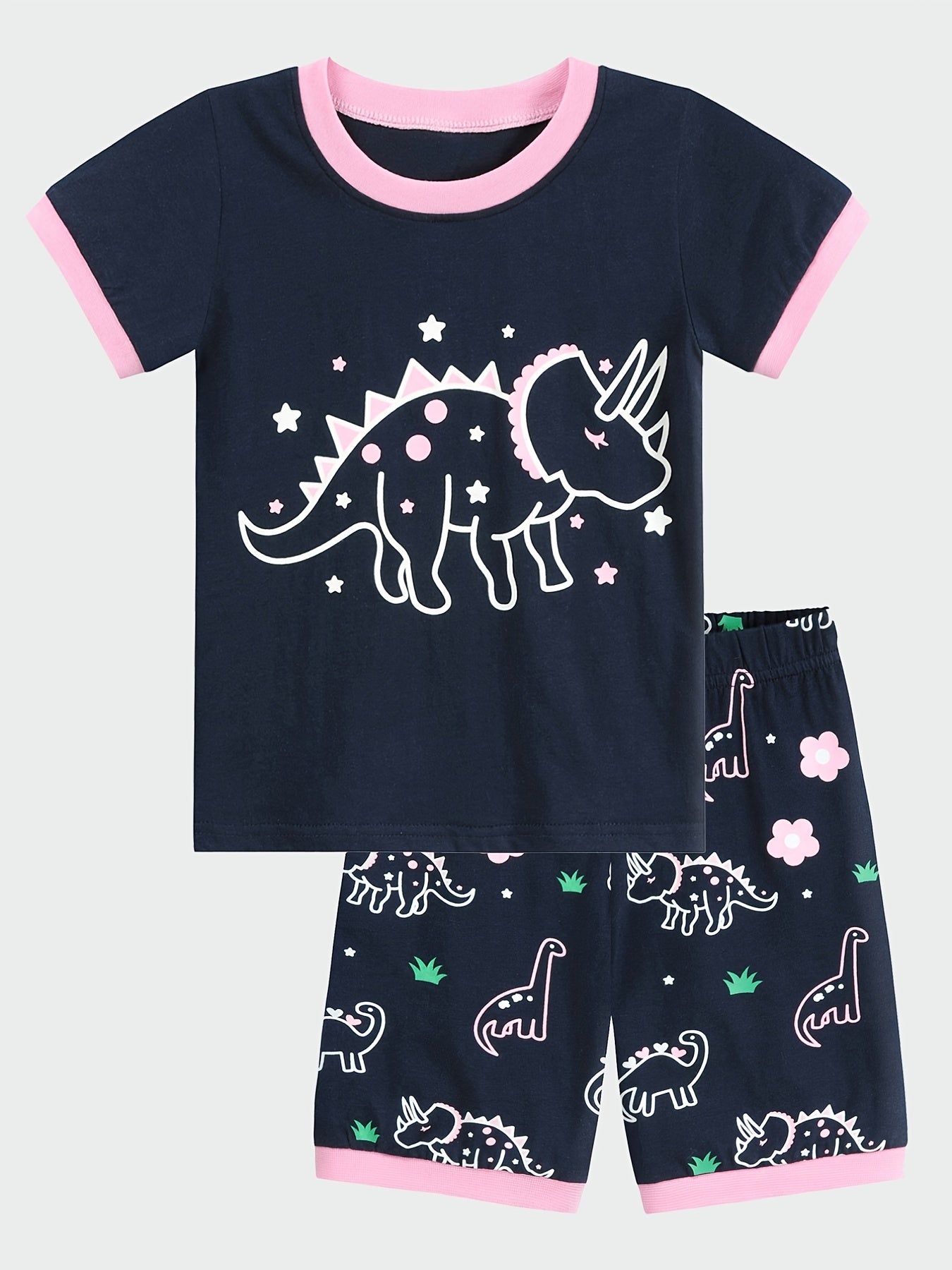 Girls Dinosaur Pajama Set Short Sleeve Tee & Shorts Sleepwear Loungewear