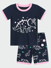 Girls Dinosaur Pajama Set Short Sleeve Tee & Shorts Sleepwear Loungewear