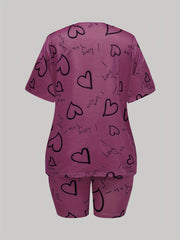 Hearts Print Two piece Set Short Sleeve Casual T Shirt & Shorts 2pcs Outfits