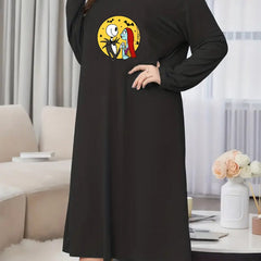Gothic Nightdress Bat & Skull Print Long Sleeve Tee Sleep Dress