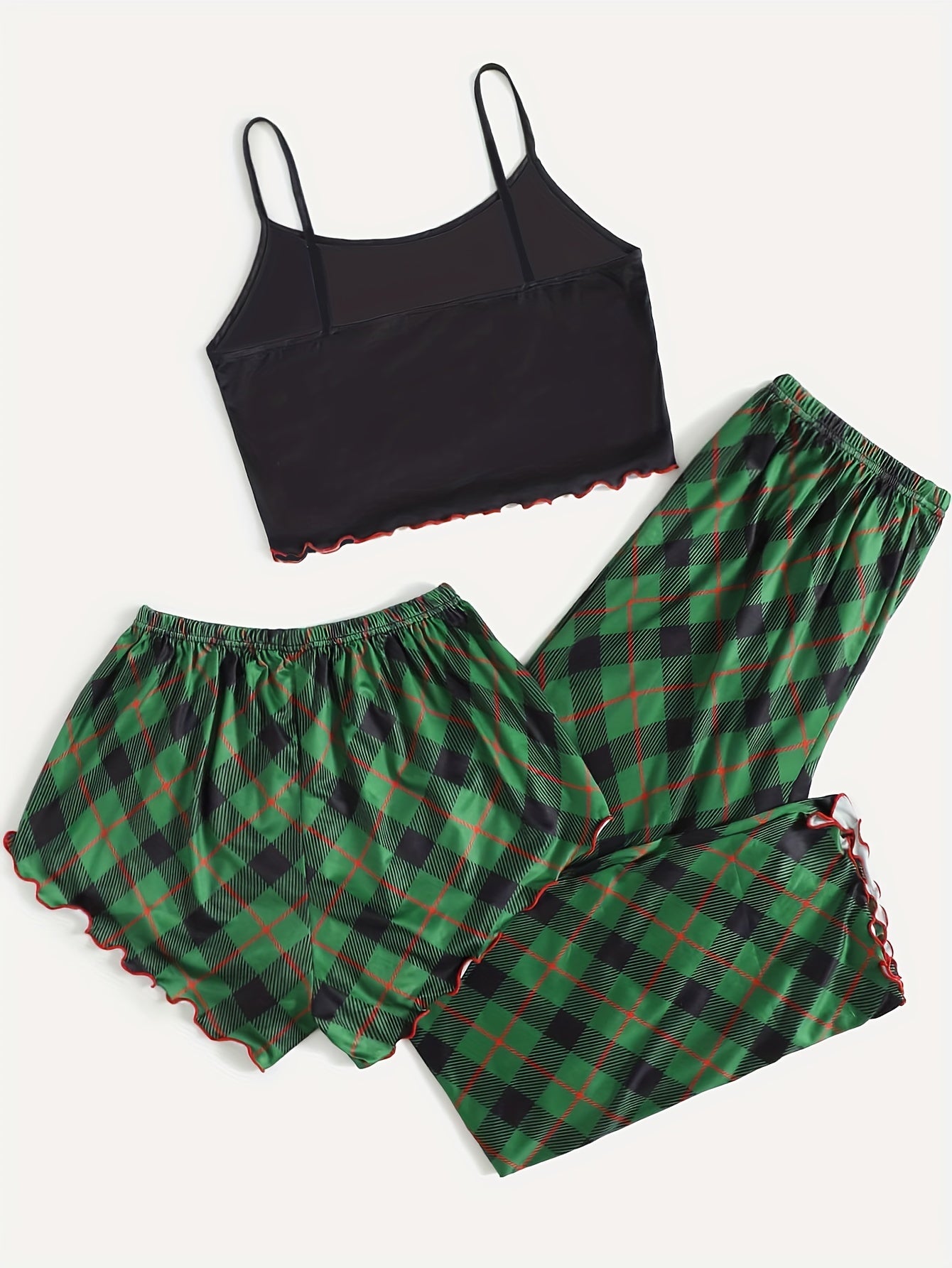 Christmas Print Pajama Set Crew Neck Cami Top & Shorts & Plaid Pants