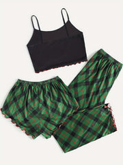 Christmas Print Pajama Set Crew Neck Cami Top & Shorts & Plaid Pants