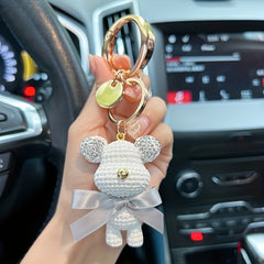 Artificial Diamond Key Chain with Rhinestone Woolen Bear Inlay