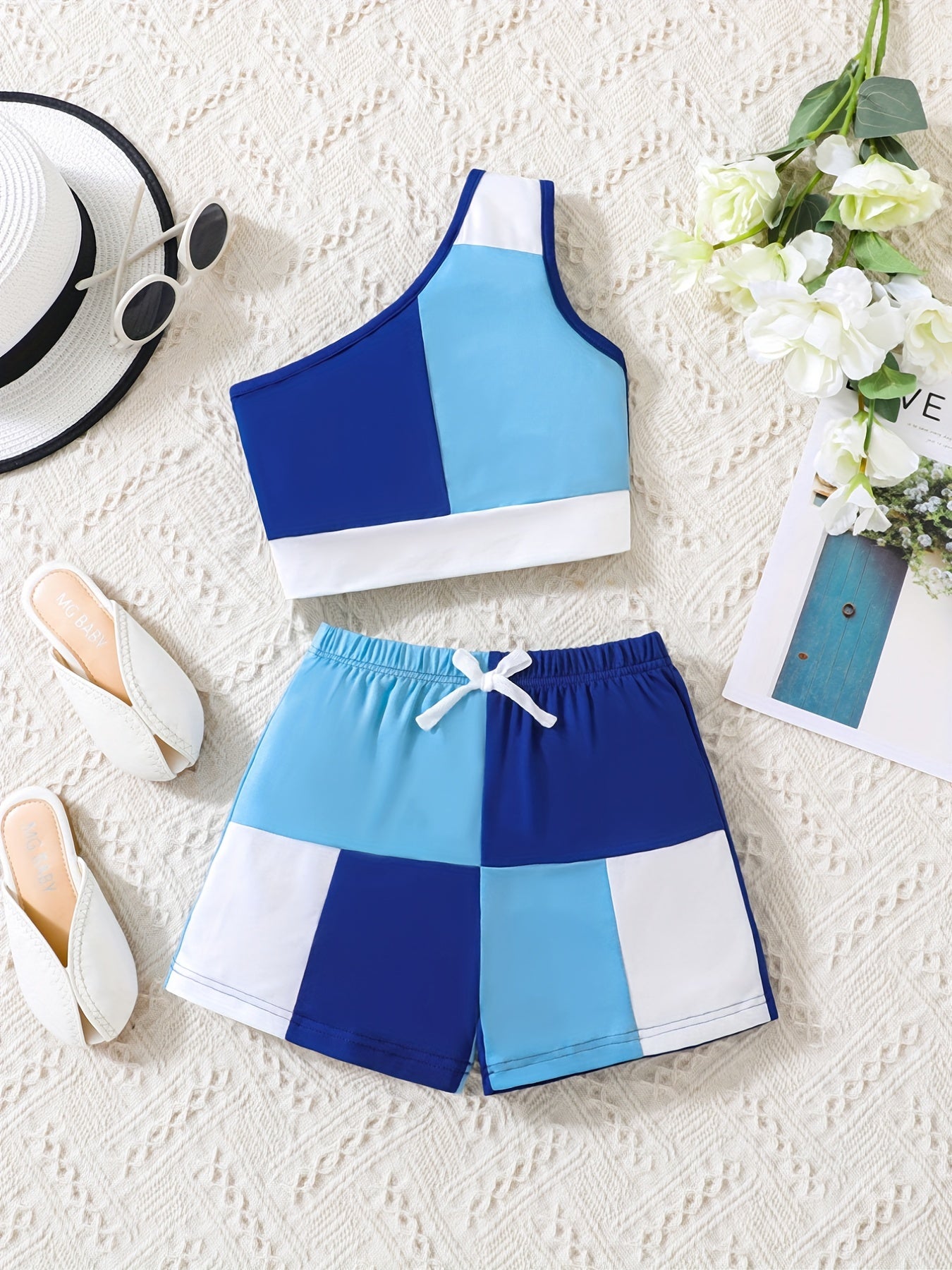 Girls Patchwork One Shoulder Top & Shorts Set For Kids Summer