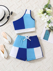 Girls Patchwork One Shoulder Top & Shorts Set For Kids Summer