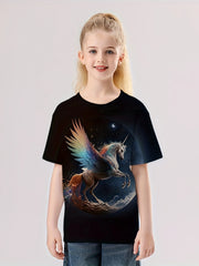 3D Unicorn With Wings Graphic T shirt Girls Casual Short Sleeve Tees