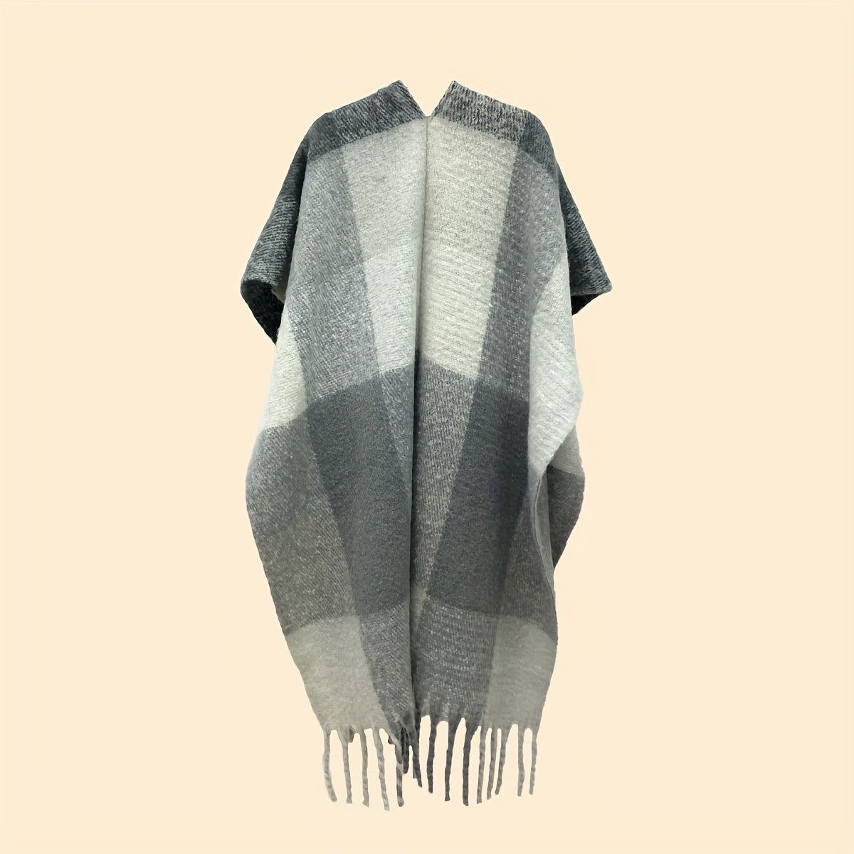 Plaid Shawl Block Tassel Wrap Windproof Poncho Cape
