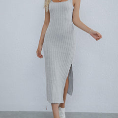 Split Ribbed Dress Sexy Solid Squared Neck Sleeveless Maxi Dress