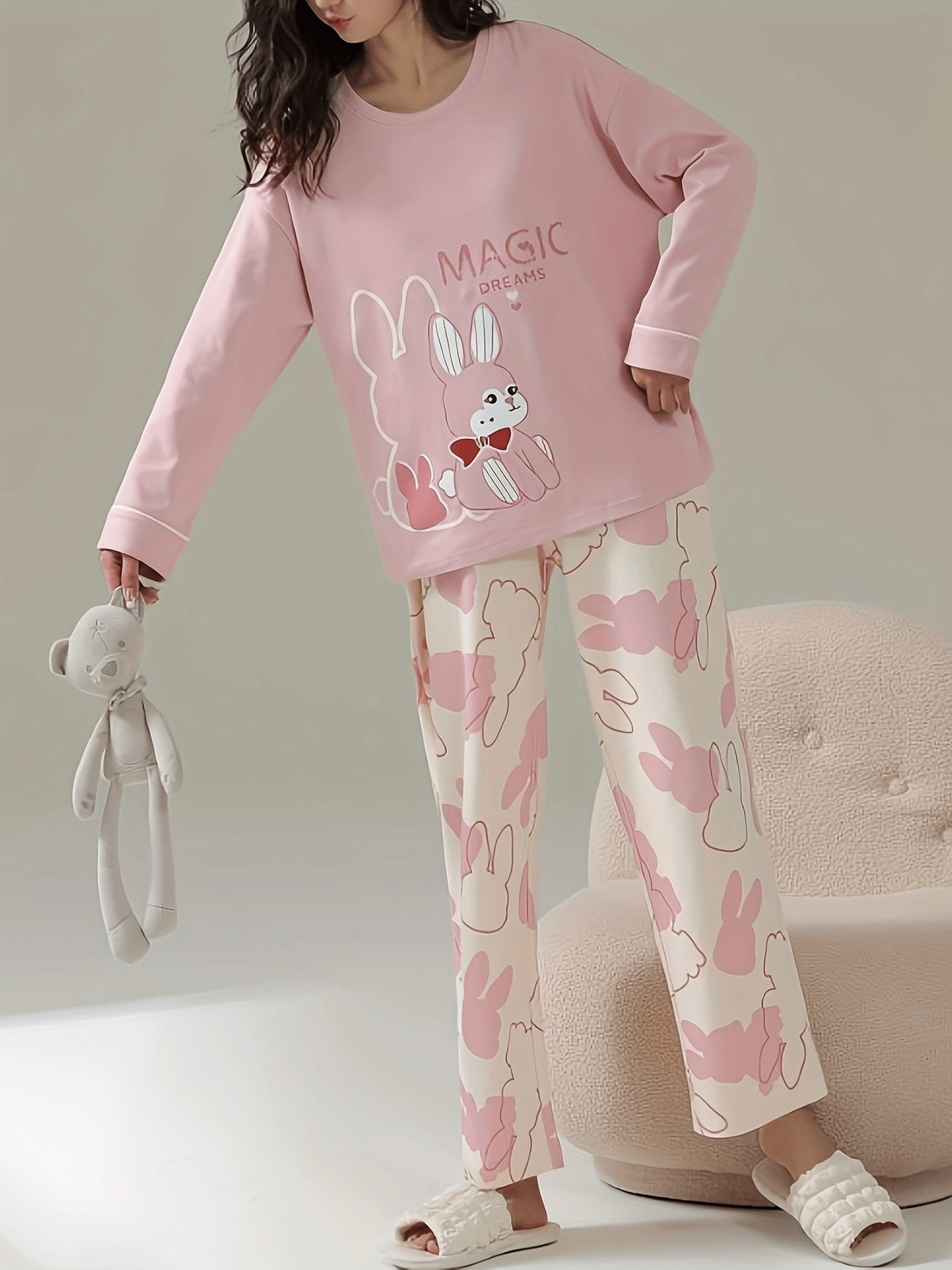 Bunny Print Pajama Set Long Sleeve Crew Neck Top & Pants