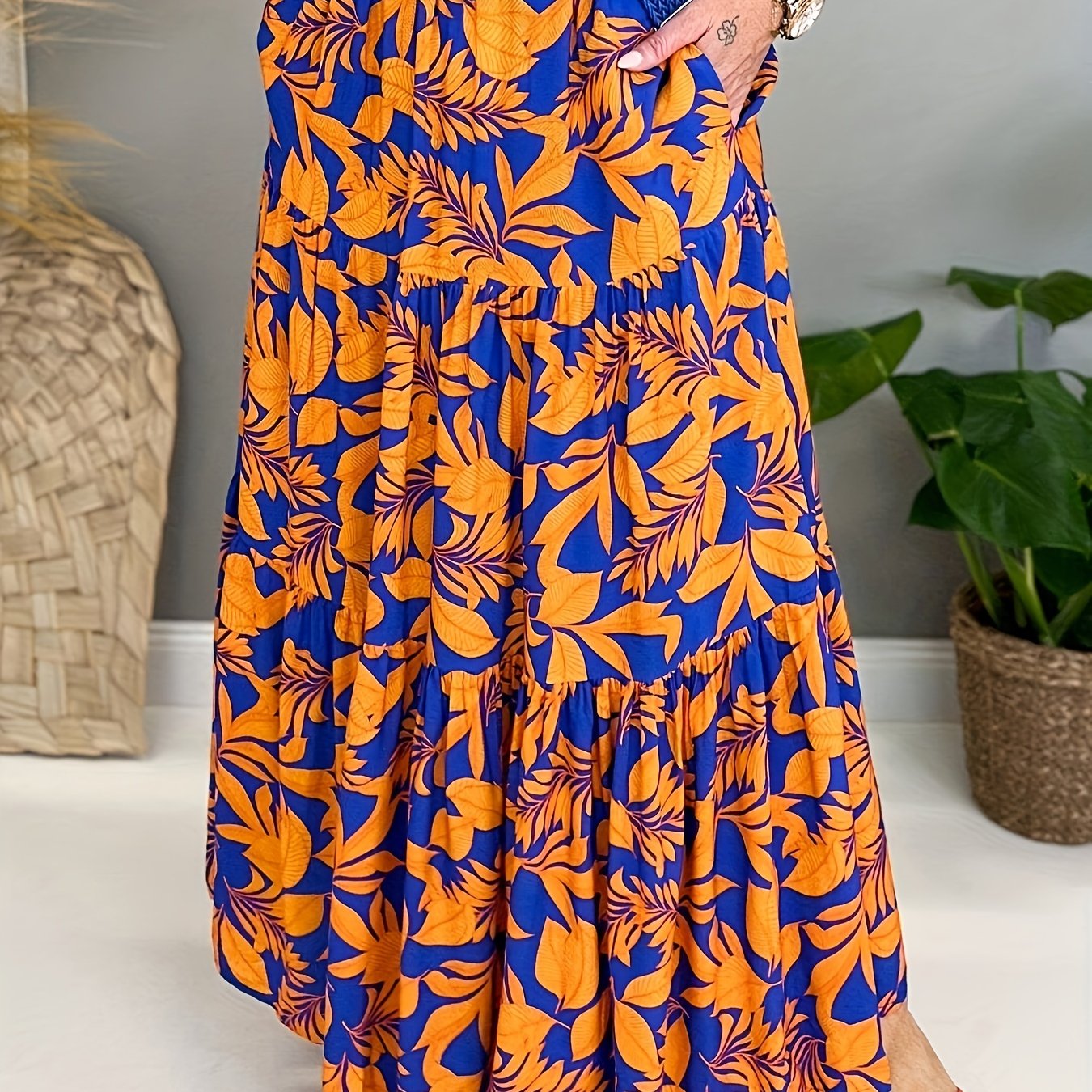 Women's Plus Floral Print High Rise Smock Maxi Skirt With Pockets