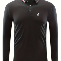 Men's Wolf Print Long Sleeve Polo Shirt Breathable Button Up Top