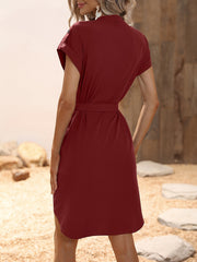 Solid Belted V Neck Dress Short Sleeve Dress Spring & Summer Women's Clothing