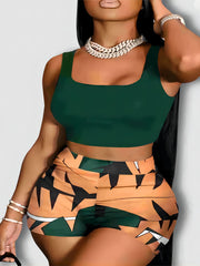 Solid Crop Tank Top & Geo Print High Waist Shorts Set