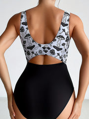 Mushroom Print Scoop Neck One Piece Swimsuit
