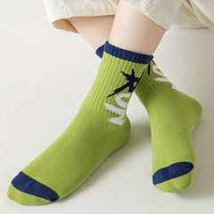 5 Pairs Boys Letter Pattern Crew Socks Cotton Blend Casual Style