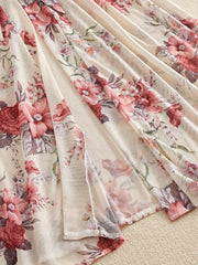 Floral Print Mesh Night Robe Long Sleeve V Neck Robe With Belt