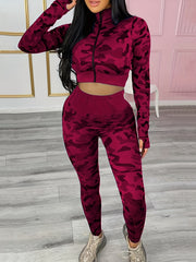 Camo Print Long Sleeve Crop Top & Leggings Set