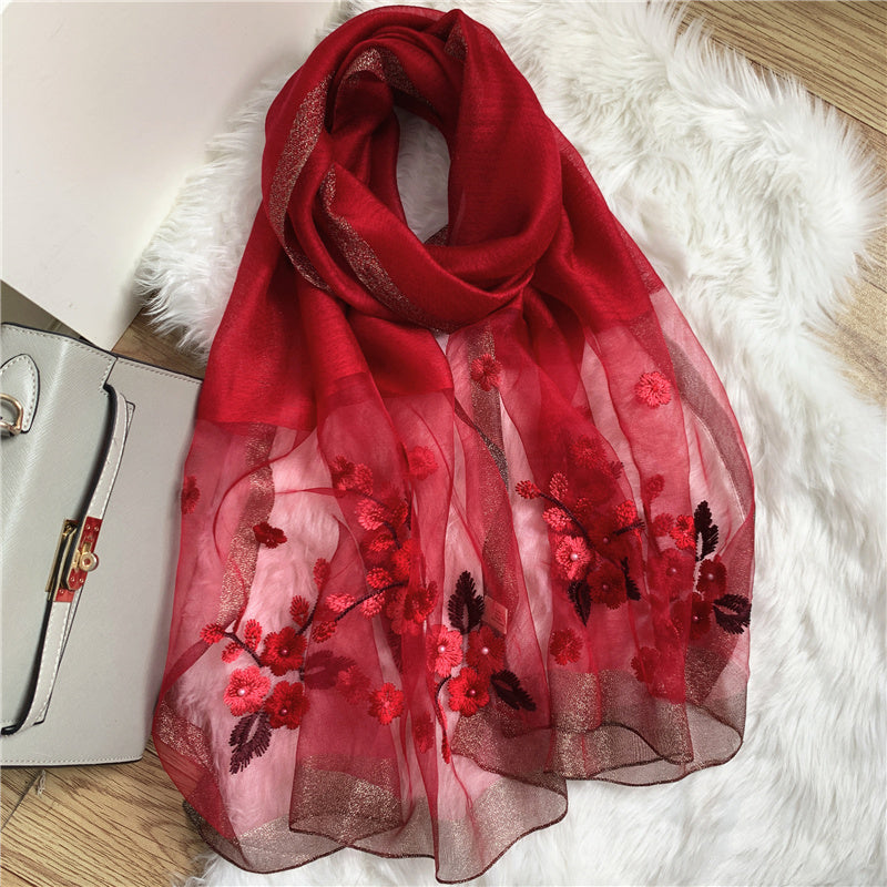 Silk Scarf Floral Embroidered Beaded Thin Scarves Shawl