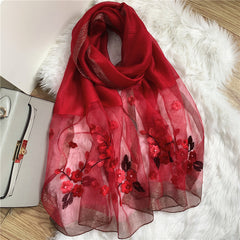 Silk Scarf Floral Embroidered Beaded Thin Scarves Shawl