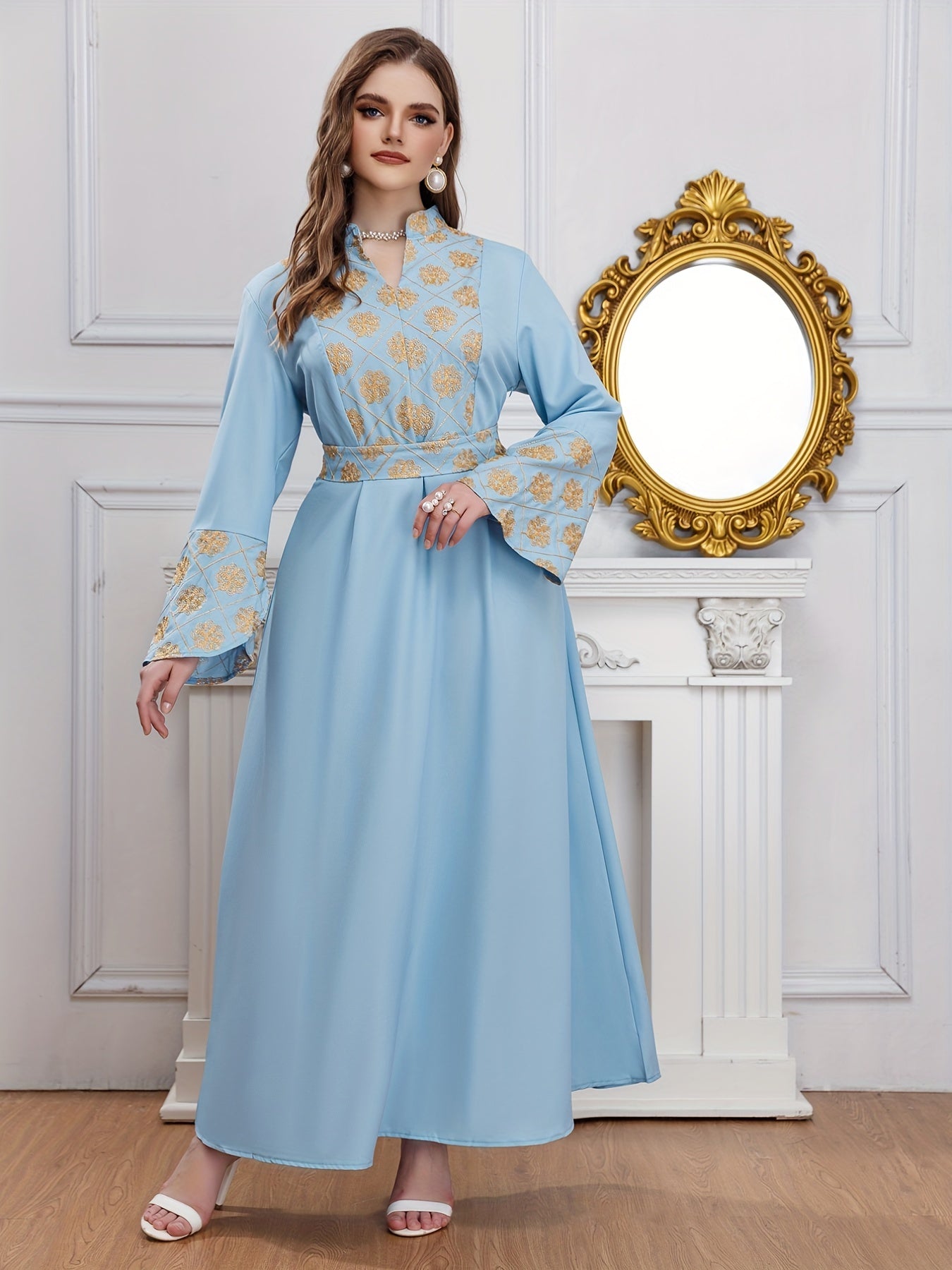 Abaya Dress Women's Plus Golden Floral Print Bell Sleeve Stand Collar